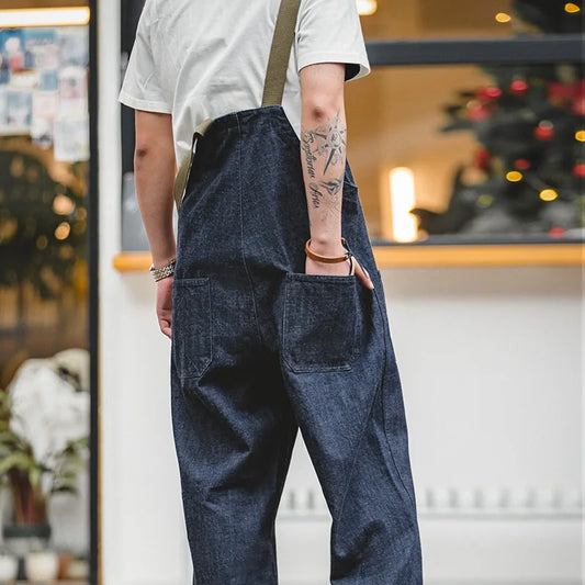 Maden Unisex Denim Overalls Vintage Jumpsuits Baggy Navy Deck Overalls For Female Male Wide-leg Oversize Jeans Couple Clothing