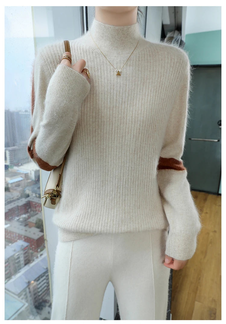 2024 Winter Ladies Turtleneck Mink Cashmere Sweater Women's Patchwork Color Base Knitwear Exquisite Super Warm Long Sleeve Top