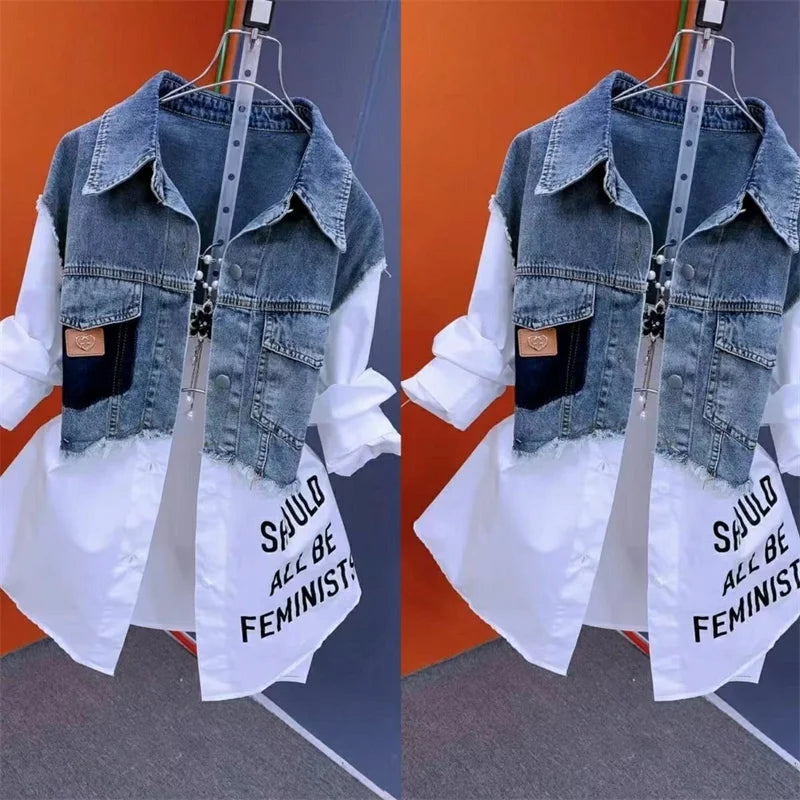 Fake Two Denim Shirts Women's Early Spring 2024 Korean Version Of Casual Western Style Joker Stitching Letter Striped Top