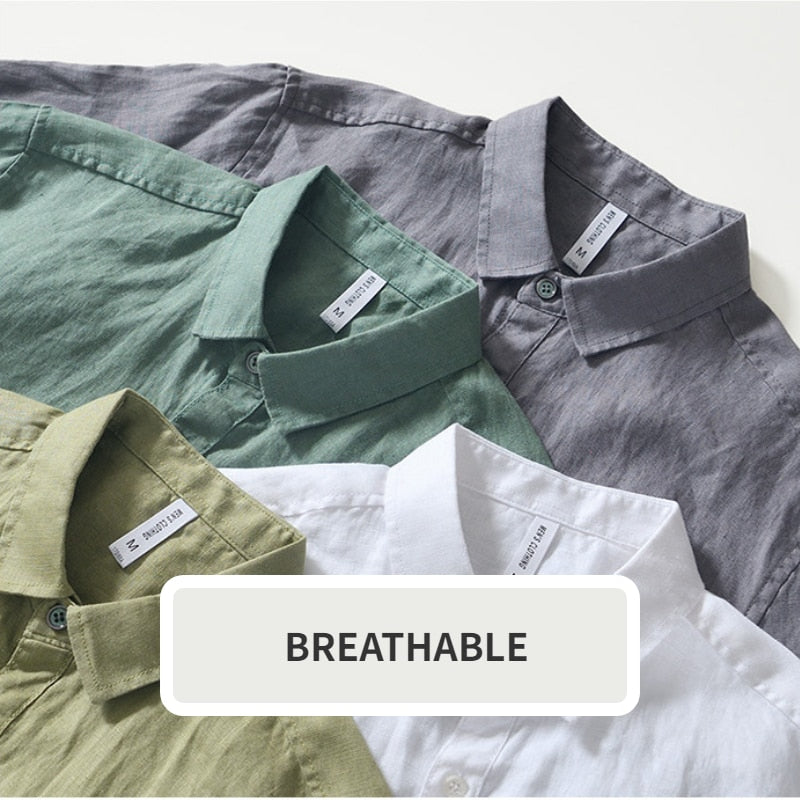 Breathable men's pure linen slim shirts in various colors, short sleeve design.