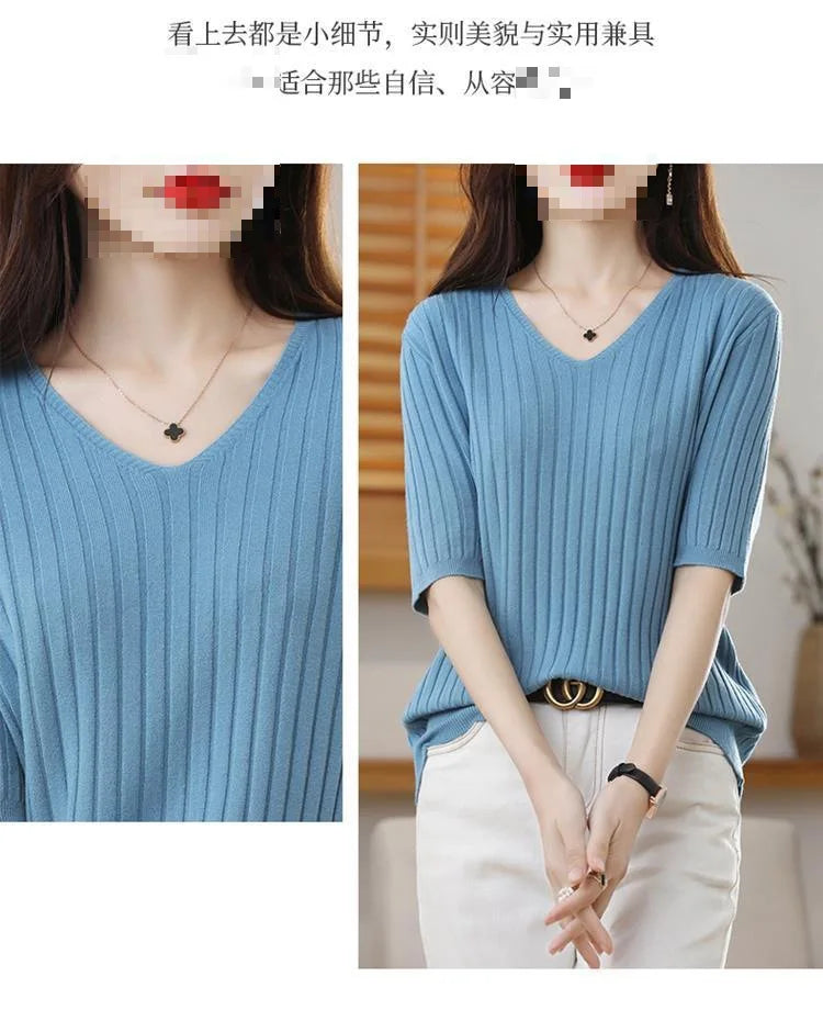 2023 New Spring Summer New Women's V-neck Short-Sleeved Exquisite Cashmere Knitted Sweater Pullover Solid Color