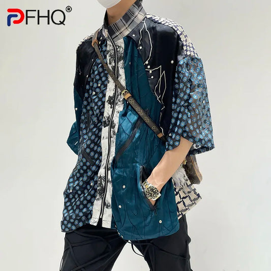 PFHQ High Quality Stylish Color Contrast Plaid Patchwork Men's Short Sleeve Shirt Street 2023 Summer Trendy Original Design Tops