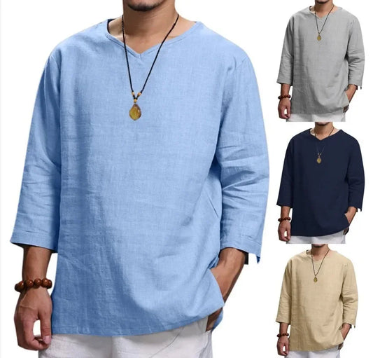 Men's cotton linen long-sleeved shirt in blue with stand-up collar, casual beach style, available in multiple colors.