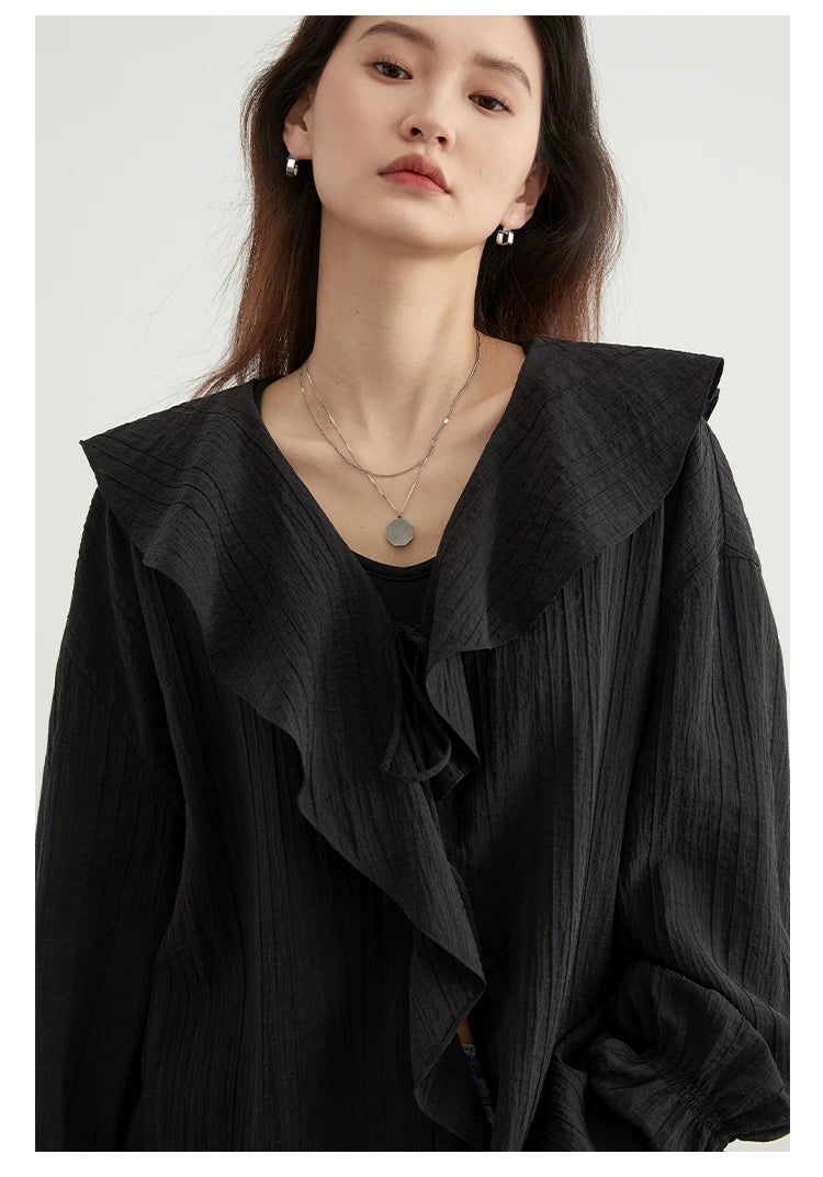 CHIC VEN Women Shirt Loose Casual Ruffled Edges Female Blouses V Neck Lace Up Mid Length Woman Shirts Spring Summer 2024