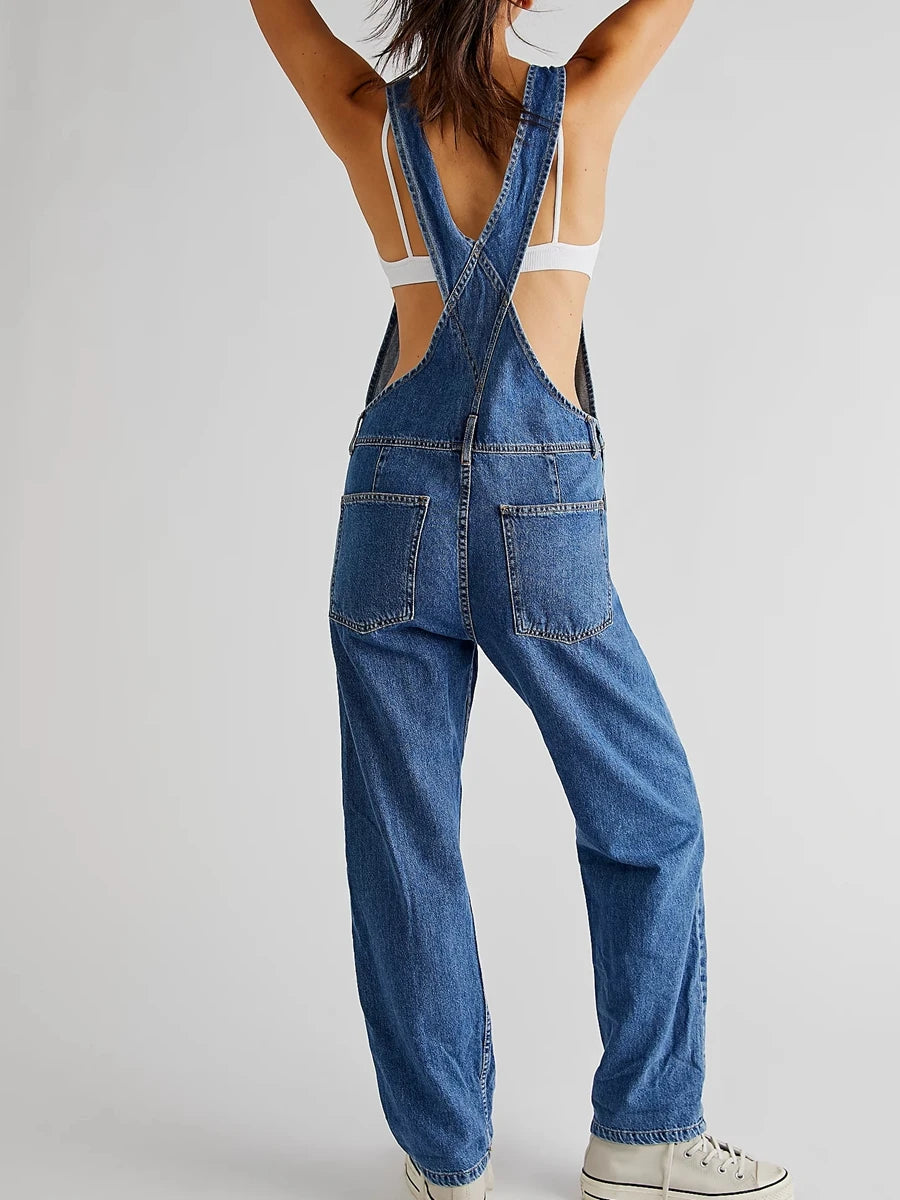 Women Vintage Retro Denim Long Jumpsuit Casual Spaghetti Strap Straight Romper Suspender Pants Summer Baggy Bib Loose Overalls