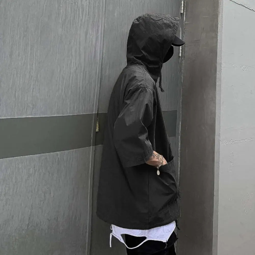 Hooded Cargo T-Shirt Hip Hop Techwear Loose Half Sleeve Men Pullover Pocket T-shirt Hooded Jacket Sweatshirts футболка мужская