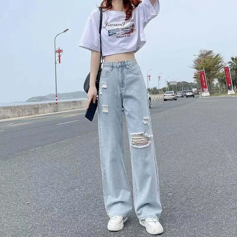 Pierced High Waist Jeans Women's Spring and Summer Thin Straight Tube Loose 2022 New Fashion Casual Thin Wide Leg Pants