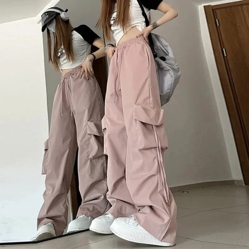 Zoki Harajuku Women Cargo Pants Streetwear Y2K Hip Hop Black Trousers Fashion High Waist Lace Up Female Loose Design Pants New