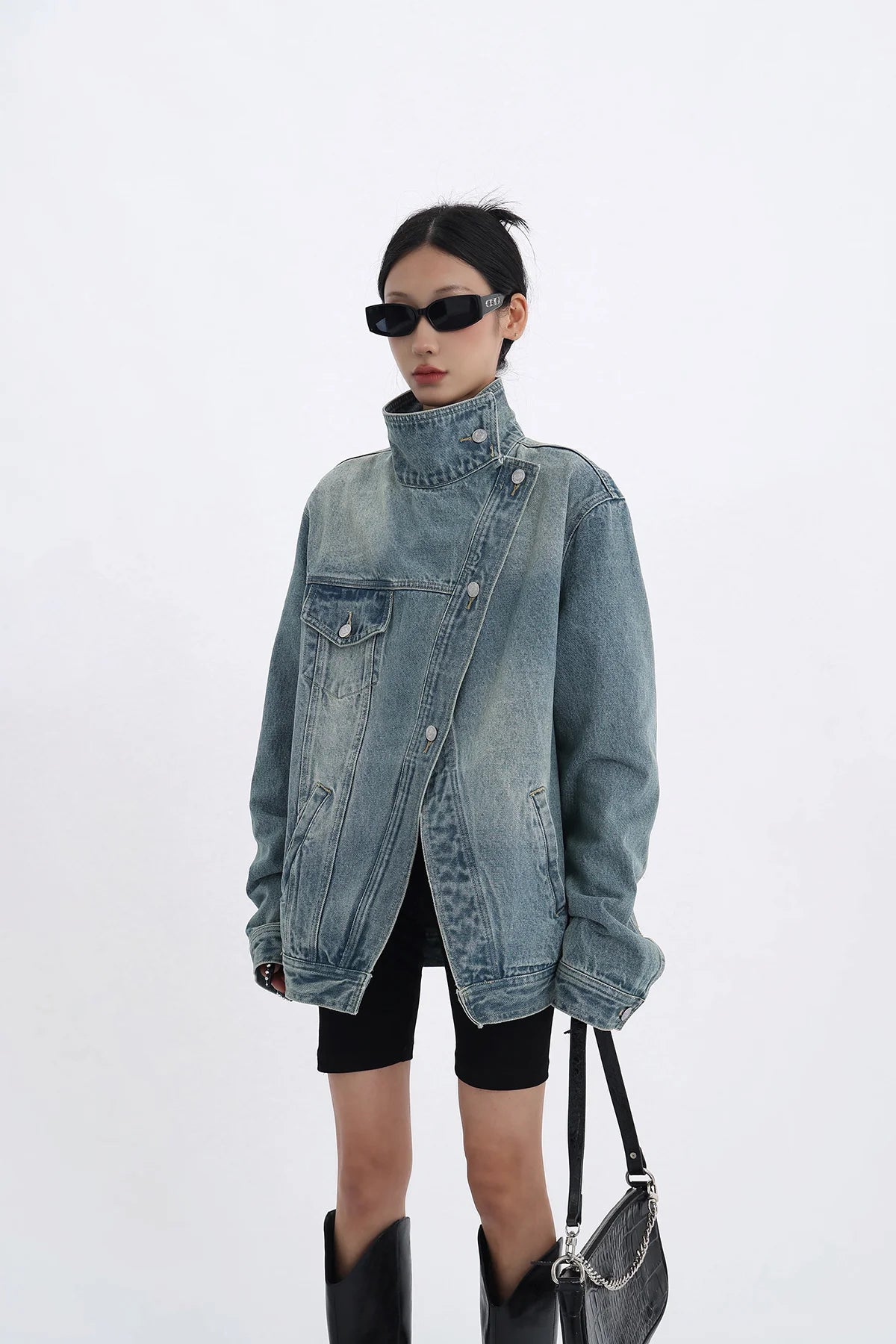 Women's Denim Coat Turtleneck Single Breasted Full Sleeve Patchwork Versatile Jacke Fashion Autumn Streetwear Denim Overcoat