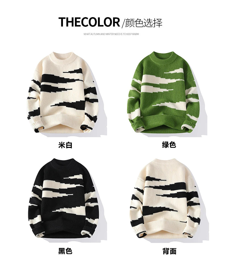 Japanese Retro Colorblocking Pullover Sweater for Men 2024 Autumn Winter New Round Neck Sweater Unisex Knit Sweater