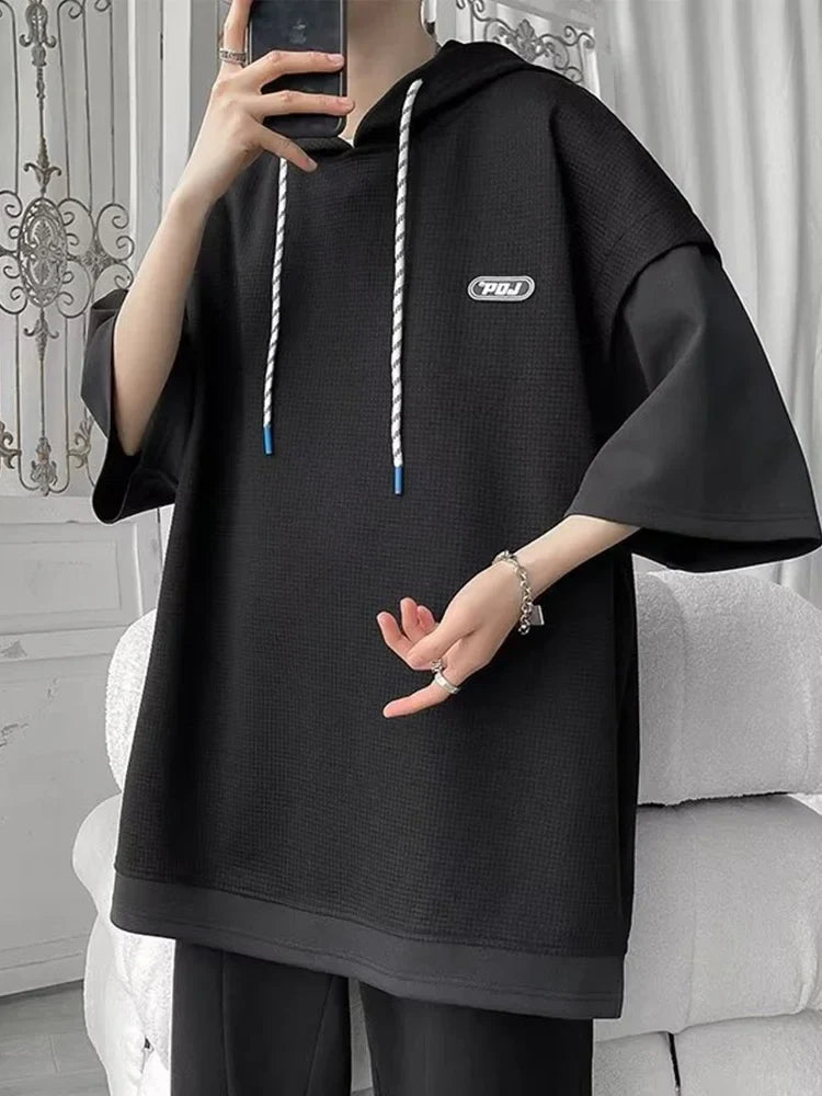 Black oversized waffle hooded short sleeve t-shirt, Korean Y2K streetwear style.