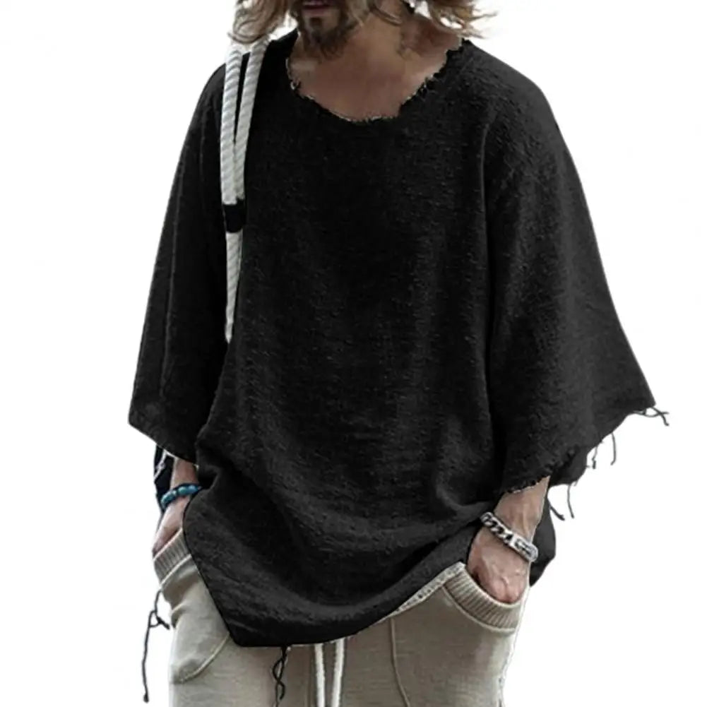 Men's summer hollow out linen shirt, casual patchwork pullover, loose fit, deep O-neck style.