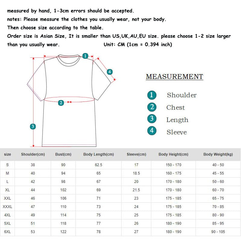 Size chart for men's casual short sleeve cotton t-shirt with measurements guide.