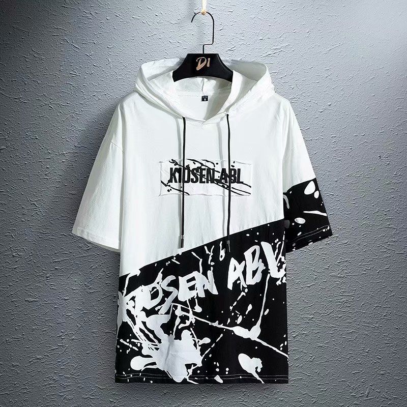 Fashion Graffiti Men's Hoodie T-Shirt with Letter Print, Short Sleeve, White and Black Casual Streetwear.