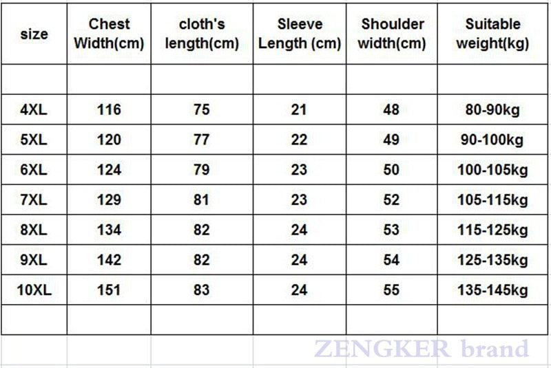 Size chart for ZENGKER brand oversized summer short-sleeved t-shirts, available in 4XL to 10XL.