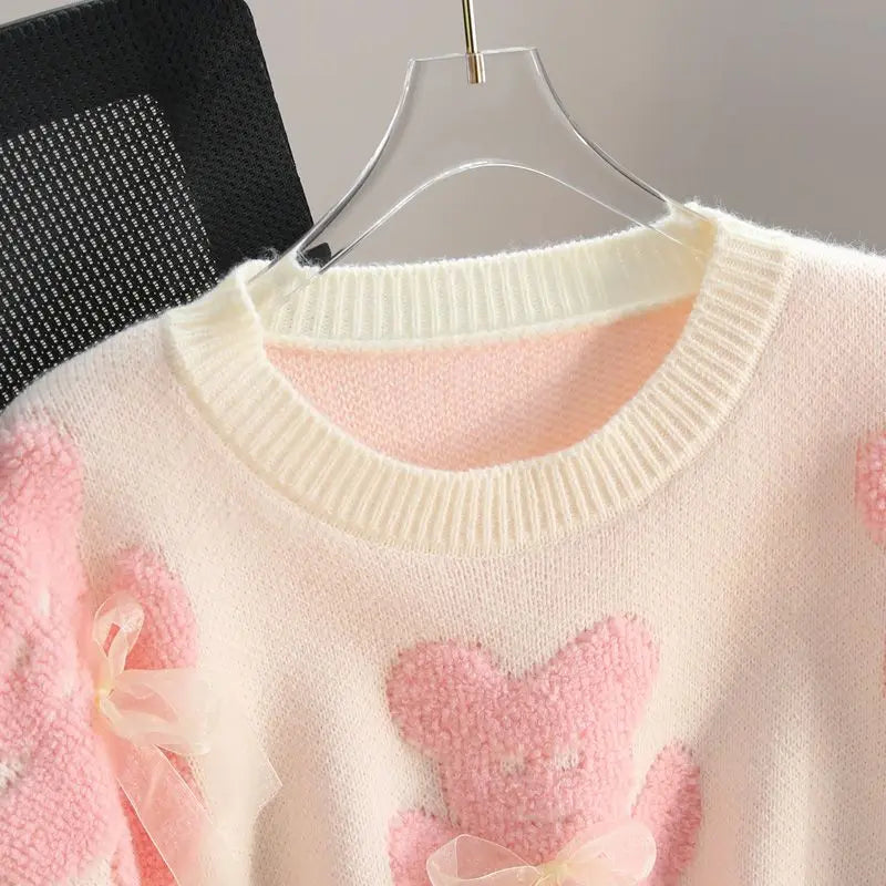 Matakawa Cartoon Pink Women Sweaters Bows Autumn Winter Korean Fashion Sweet Pull Femme Kawaii Loose Warm Retro Pullovers