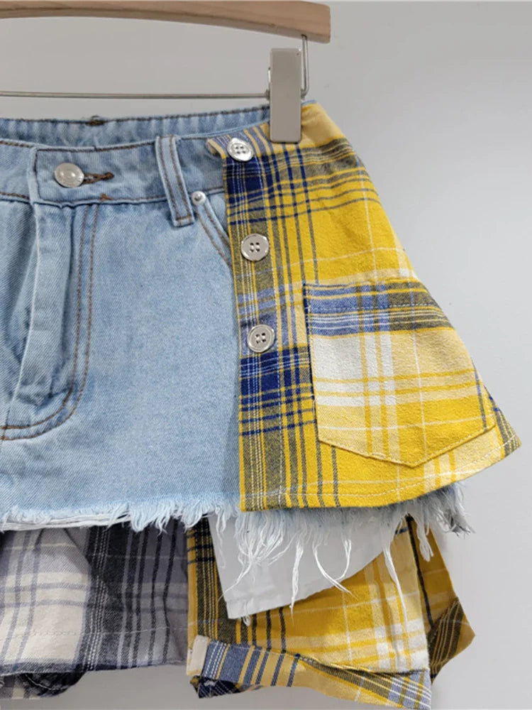 DEAT women's denim skirt with colored plaid patchwork, irregular deconstructed A-line design, high waist mini style for 2024 summer fashion.