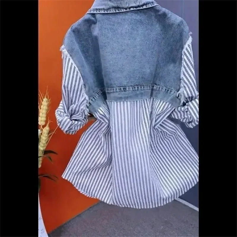 Fake Two Denim Shirts Women's Early Spring 2024 Korean Version Of Casual Western Style Joker Stitching Letter Striped Top