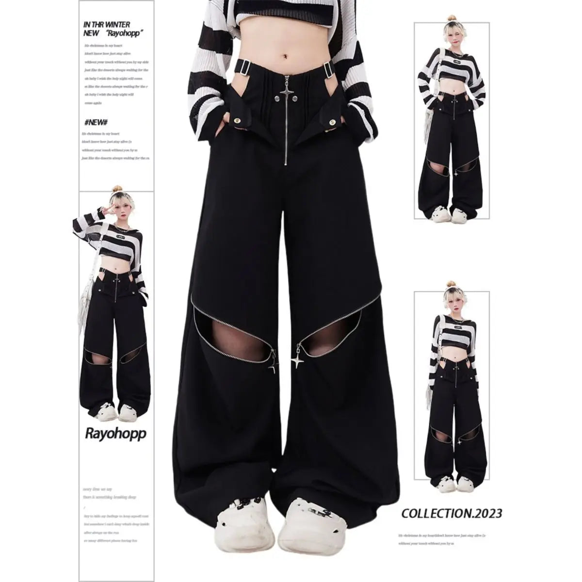 American Individualized Spicy Girl Hollow Out Workwear Pants for Women Fashion Zipper Two Wear Design Casual Versatile Trousers