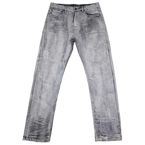 Wasteland style punk distressed gray white jeans with brush wax white paint coating and washed stretch fit for men.