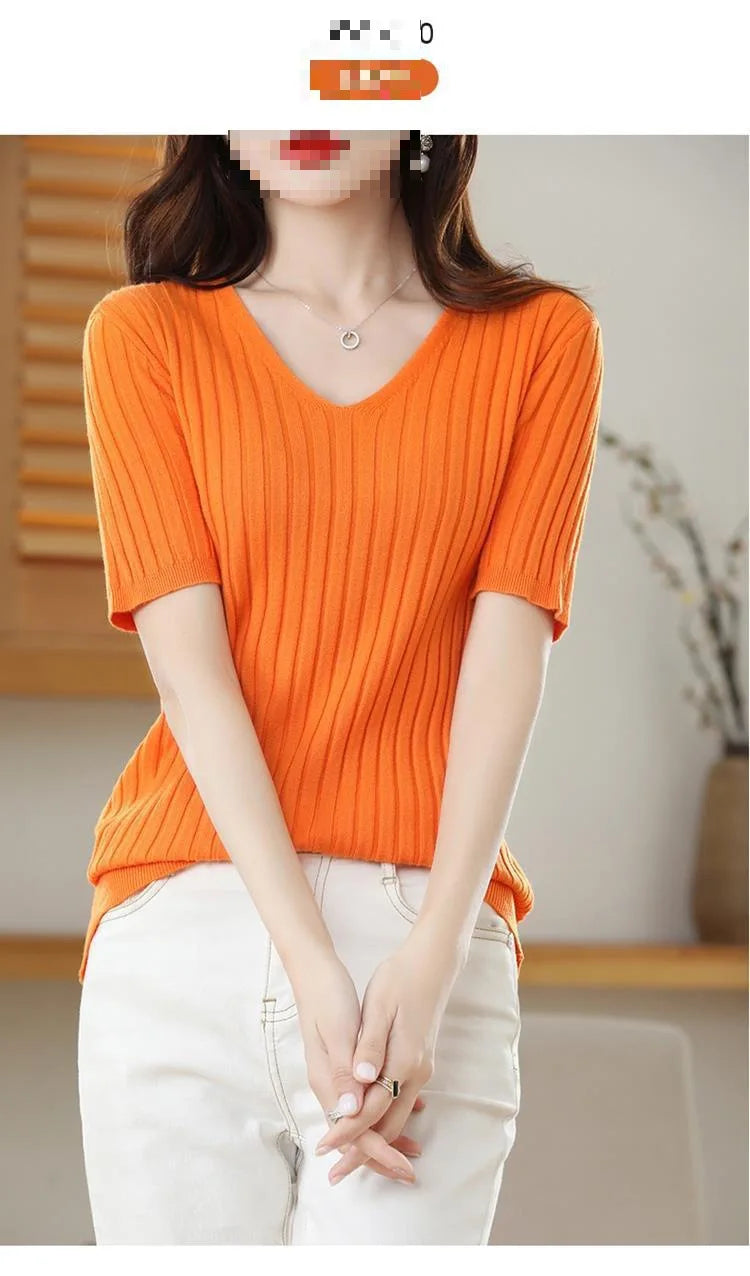 2023 New Spring Summer New Women's V-neck Short-Sleeved Exquisite Cashmere Knitted Sweater Pullover Solid Color