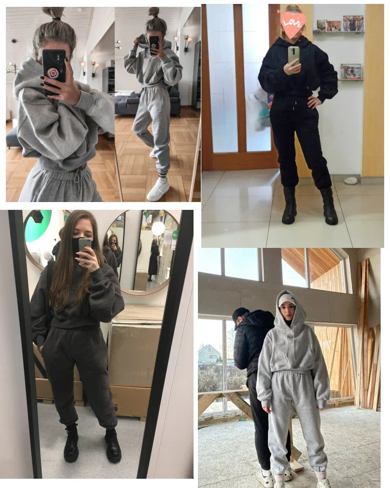 Women's solid casual tracksuit with hooded sweatshirts and ankle-length pants, designed for winter and spring seasons.