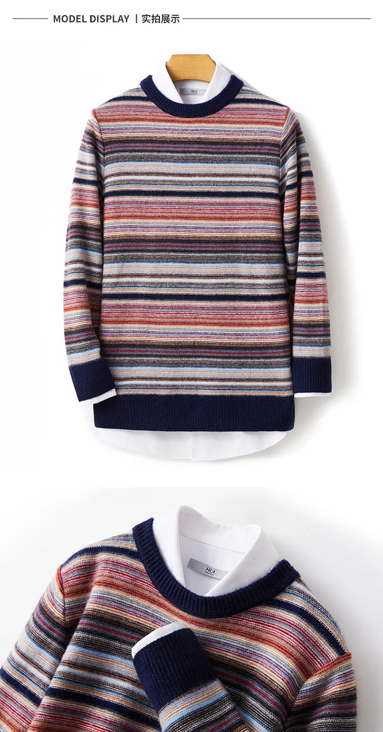 New 100% woolen sweater for young men in autumn and winter, thick sweater, warm stripe, loose casual knitted bottoming coat.