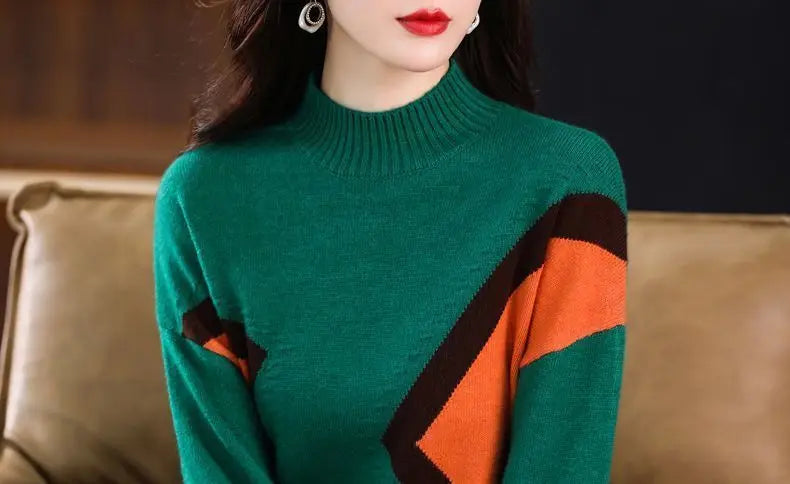 Velvet and Thickened Women's Top 2024 New Autumn/Winter Korean Edition Color Block Knitted Half High Neck Sweater