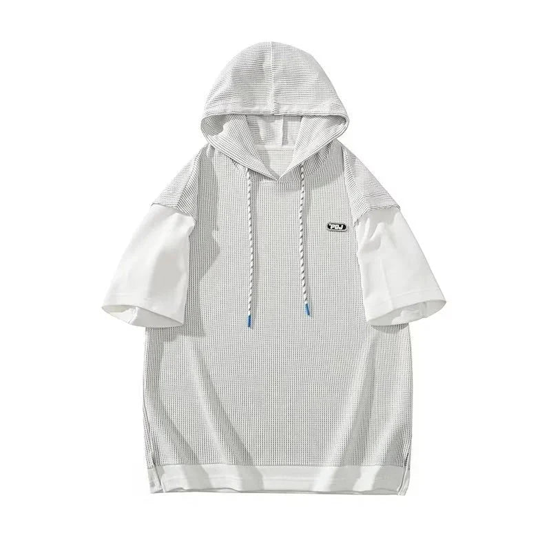 Oversized Y2K streetwear short sleeve hoodie for men in white with waffle texture.