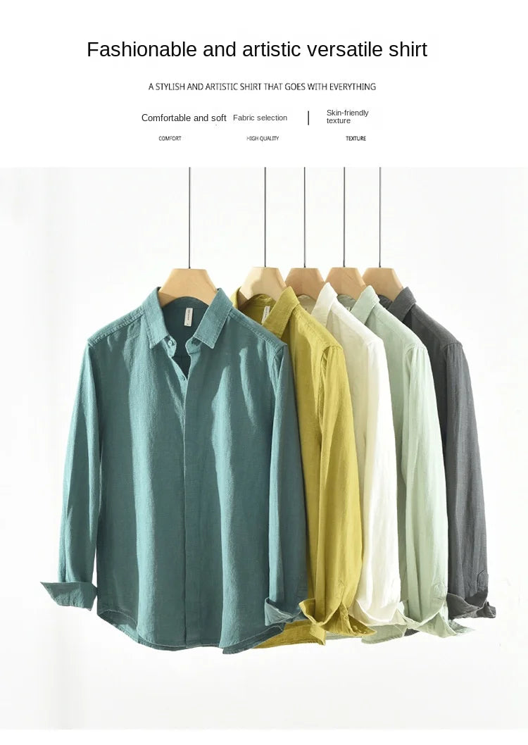 2024 Spring New Breathable Casual Long Sleeve Shirts for Men Clothing Linen and Cotton Simple Fresh Turn-down Collar Soft CM6627