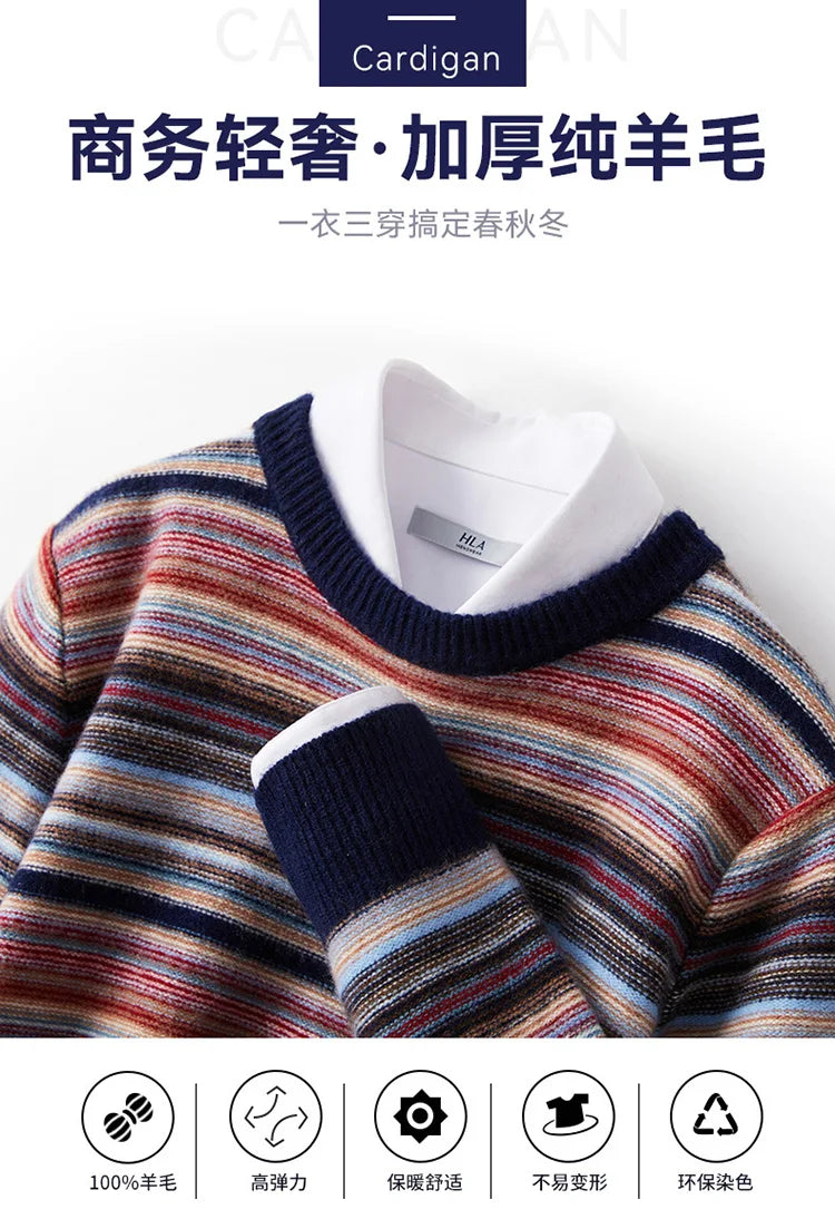 New 100% woolen sweater for young men in autumn and winter, thick sweater, warm stripe, loose casual knitted bottoming coat.