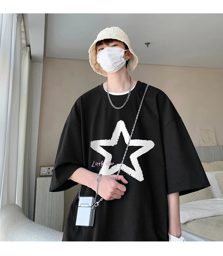 Little Star Printed Men's T Shirt Summer Fashion Casual Short Sleeve Tee Tops Mens Cotton Linen Oversized Hip-Hop T-shirt 5XL