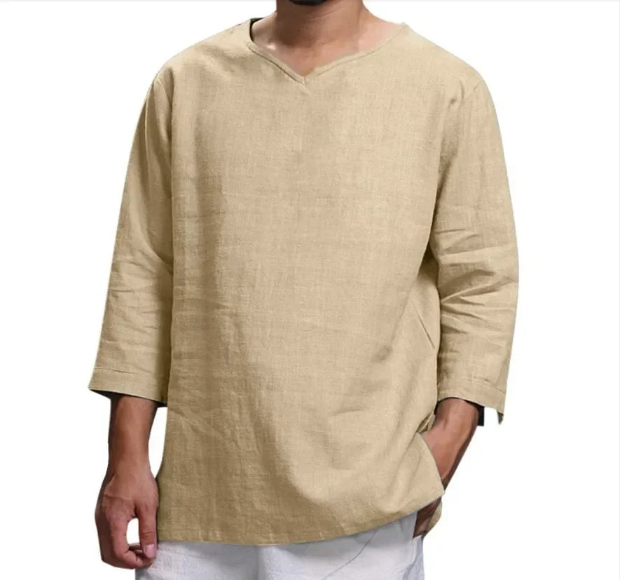 Cotton linen men's long-sleeved casual shirt in beige with stand-up collar.