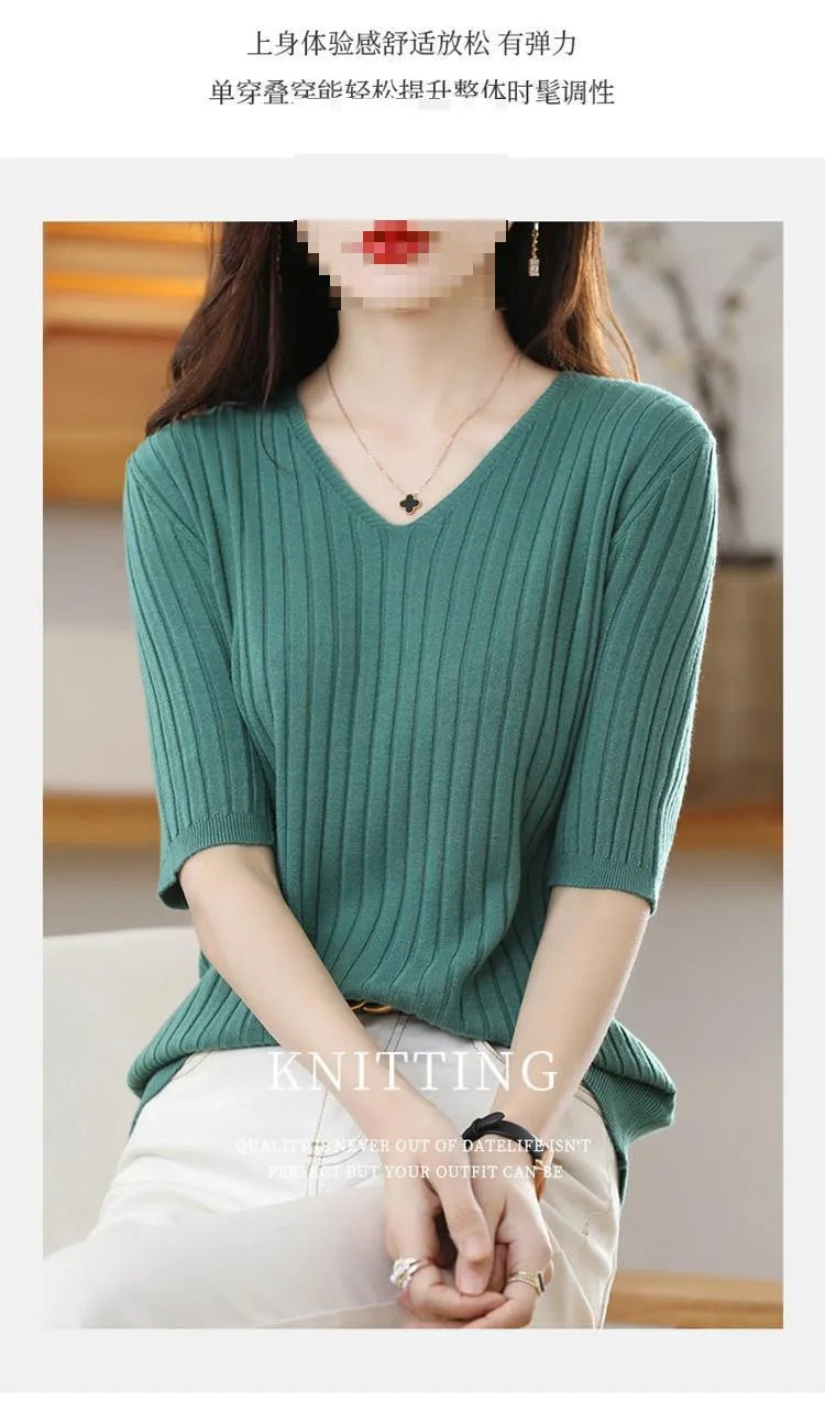 2023 New Spring Summer New Women's V-neck Short-Sleeved Exquisite Cashmere Knitted Sweater Pullover Solid Color