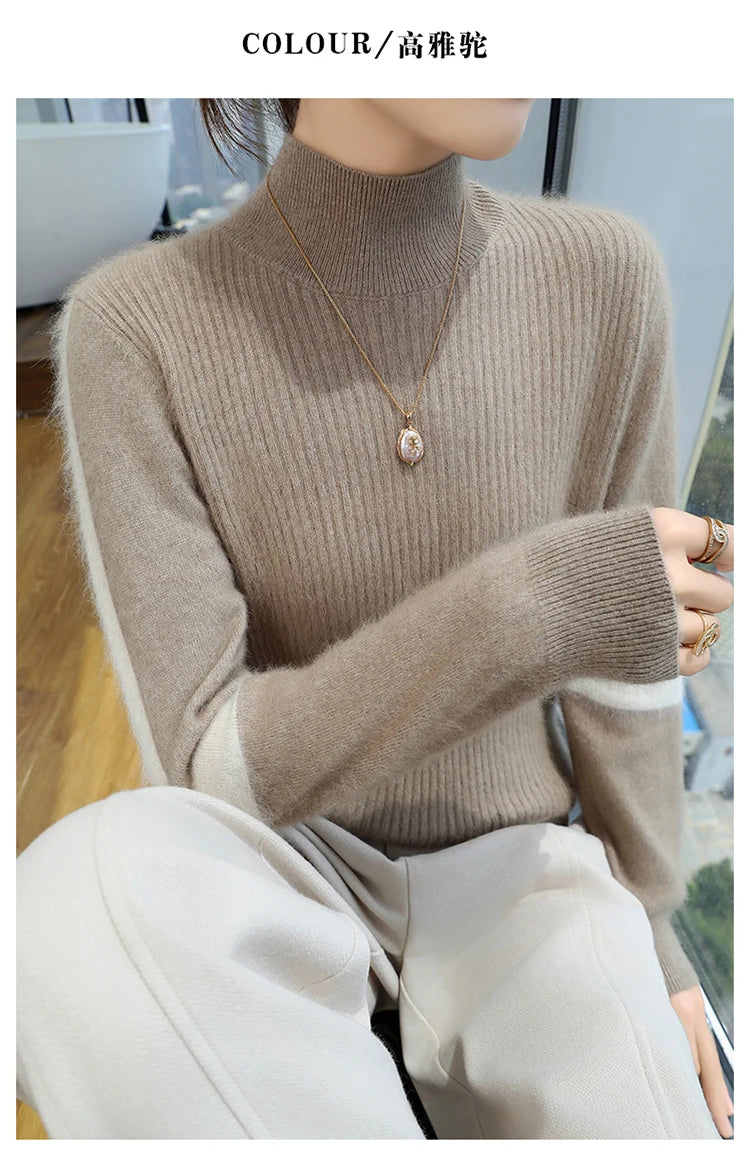 2024 Winter Ladies Turtleneck Mink Cashmere Sweater Women's Patchwork Color Base Knitwear Exquisite Super Warm Long Sleeve Top