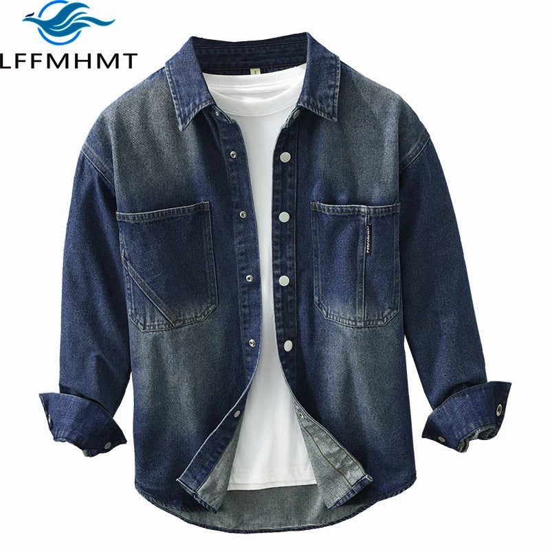 6980 100% Cotton Men's Casual Denim Coat Spring Fashion High Quality Long Sleeve Shirt Vintage Dual Pocket Loose Casual Jean Top