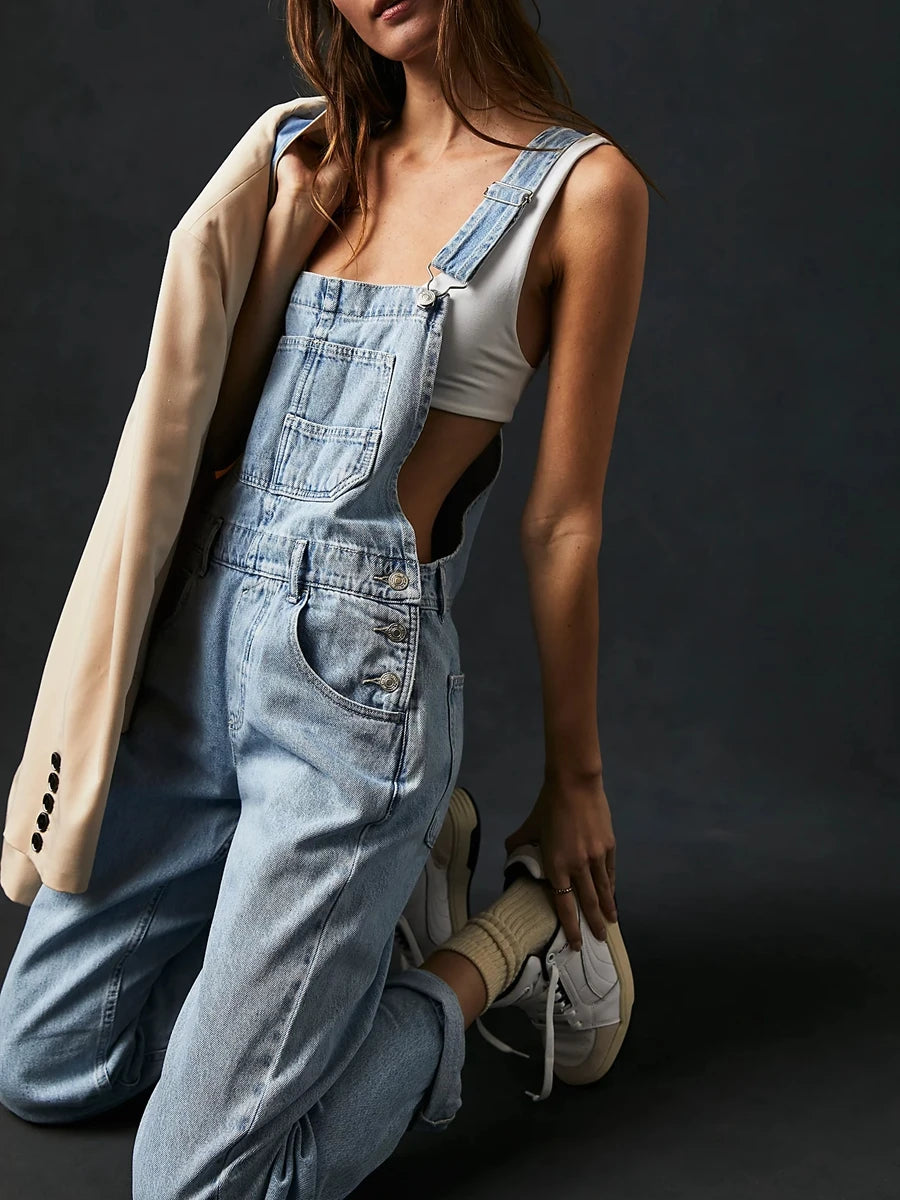 Women Vintage Retro Denim Long Jumpsuit Casual Spaghetti Strap Straight Romper Suspender Pants Summer Baggy Bib Loose Overalls