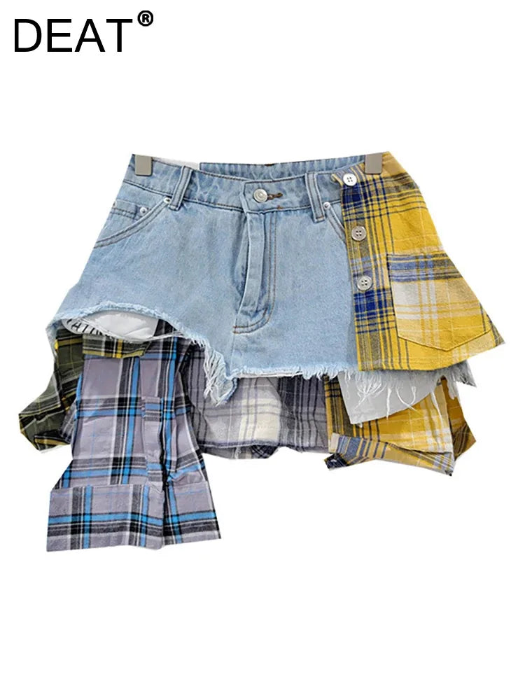 DEAT Women's Denim Skirt with Colored Plaid Patchwork, Irregular Deconstructed A-line High Waist Mini Skirt for Summer Fashion.