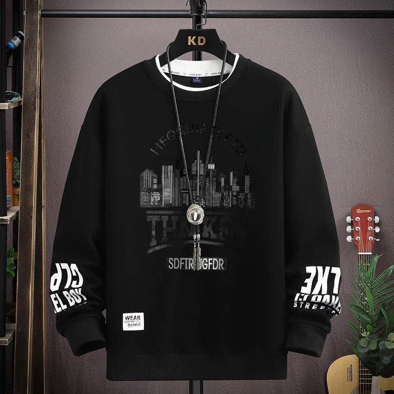 Autumn men's sweatshirt with cool city print, long sleeves, grey O-neck, Harajuku style, perfect for casual wear in spring and autumn.