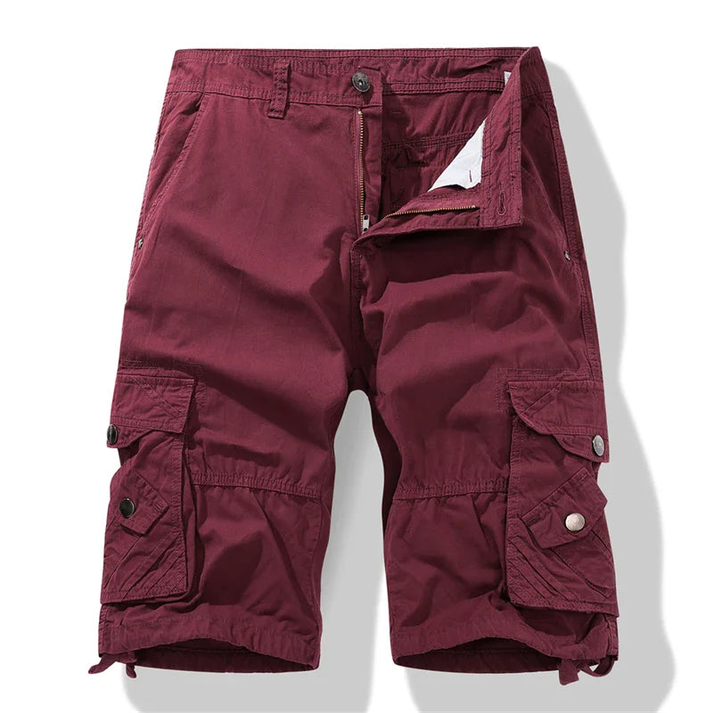 2024 men's casual military cargo shorts in green and black, knee-length with pockets, zipper fly, cotton material, oversized fit for summer.