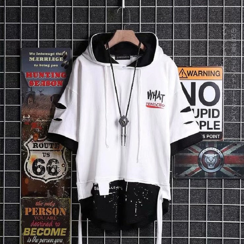 Men's white graffiti hoodie with black accents and letter print, featuring short sleeves and casual streetwear style.