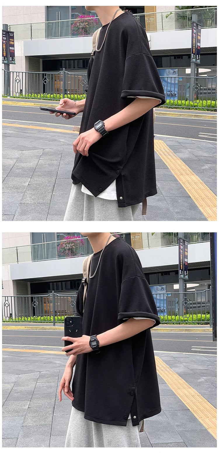 Plus Size 5XL-M Men's Side Slit T-shirt Solid Color t shirt Men Women Causal O-neck Basic Tshirt Male Oversized Tops 4 Colors