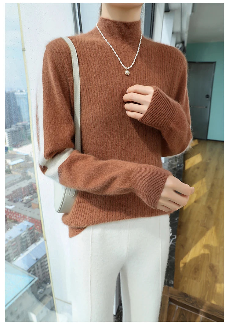 2024 Winter Ladies Turtleneck Mink Cashmere Sweater Women's Patchwork Color Base Knitwear Exquisite Super Warm Long Sleeve Top