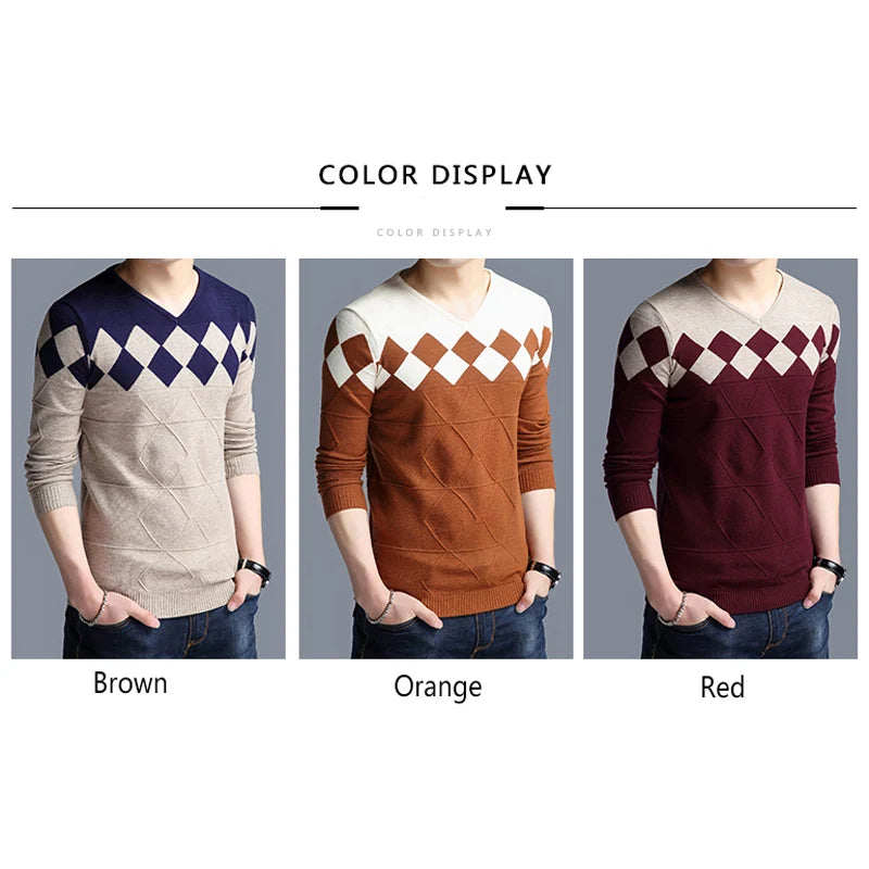 BROWON Autumn Vintage Sweater Men Collarless Sweater Christmas Sweaters Fashion V-neck Casual Slim Sweaters Men for Business