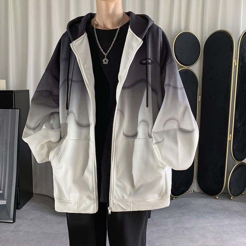 Gradient men's loose Korean cardigan sweater with lantern sleeves, fleece texture, and O-neck style. Suitable for autumn and winter street fashion.