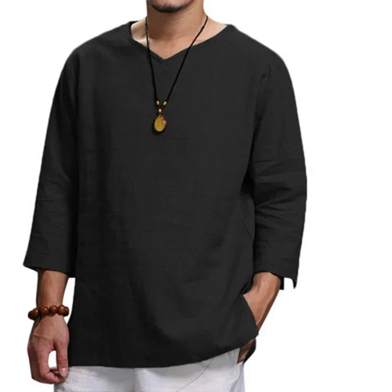 Men's long-sleeved black linen shirt with stand-up collar and casual style, ideal for spring and summer.