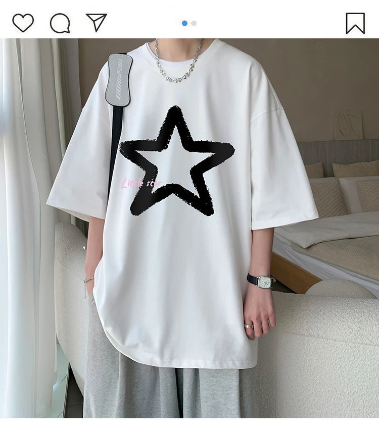 Little Star Printed Men's T Shirt Summer Fashion Casual Short Sleeve Tee Tops Mens Cotton Linen Oversized Hip-Hop T-shirt 5XL