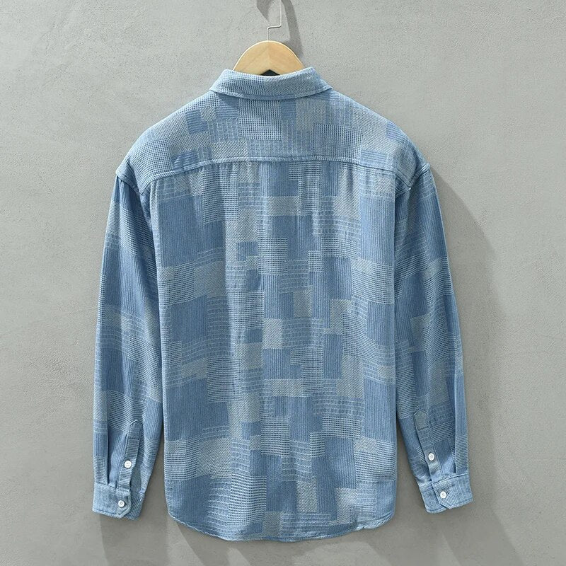 Vintage patch shirt for men in blue, long sleeve, turn-down collar, casual style.