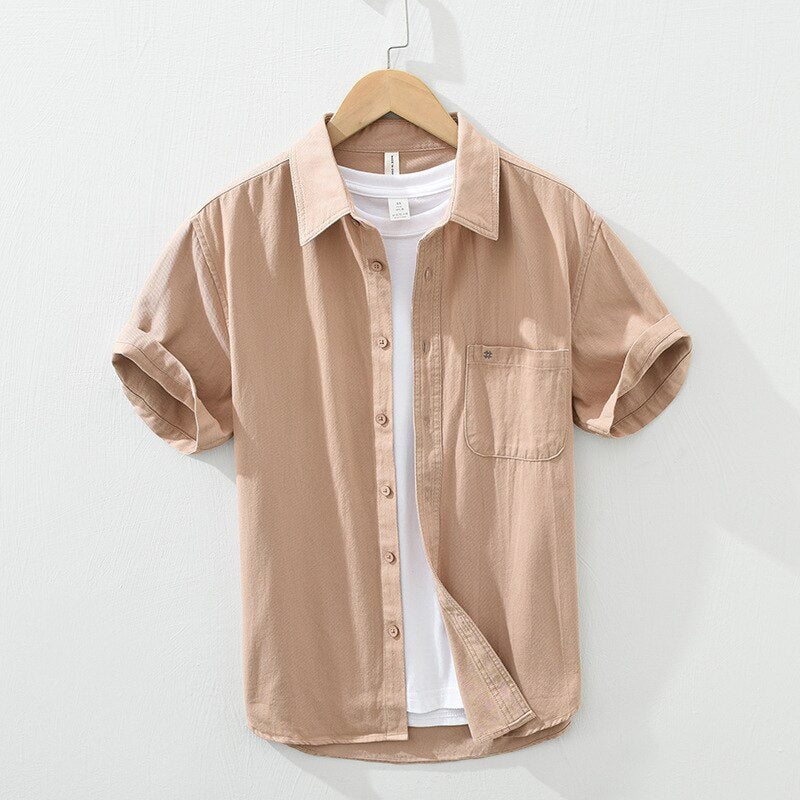 Men's casual summer cotton shirt with patch pockets and embroidery in solid yellow.