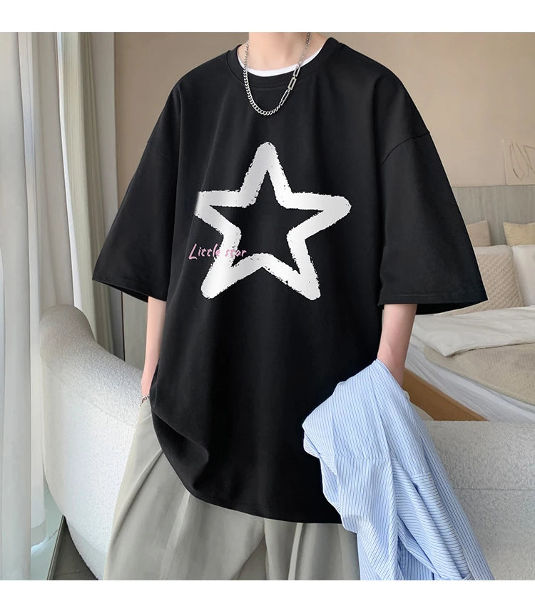 Little Star Printed Men's T Shirt Summer Fashion Casual Short Sleeve Tee Tops Mens Cotton Linen Oversized Hip-Hop T-shirt 5XL